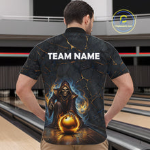 Load image into Gallery viewer, Flame Grim Reaper Custom Men Bowling Polo &amp; Quarter-Zip Shirts Gold Bowling Ball League Jerseys NYN3011