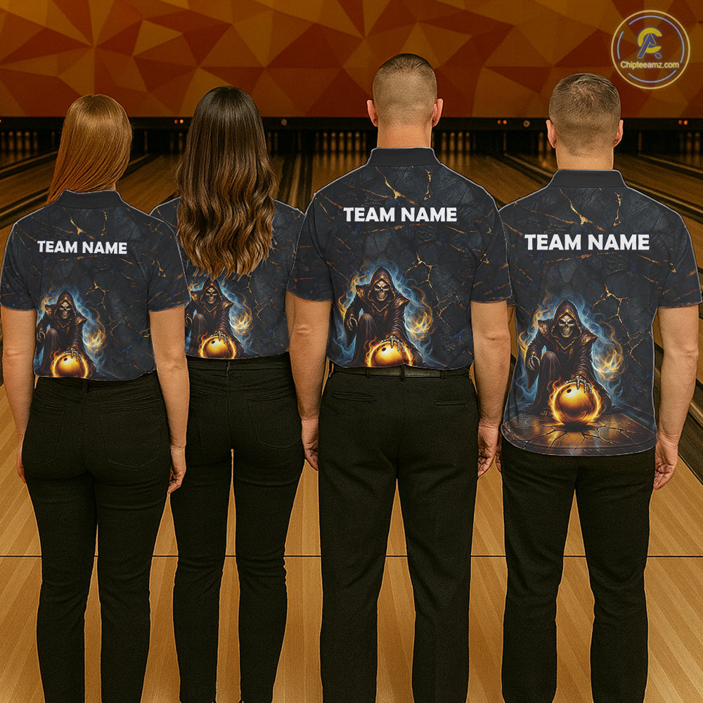 Flame Grim Reaper Custom Women Bowling Polo & Quarter-Zip Shirts Gold Bowling Ball League Jerseys NYN3011