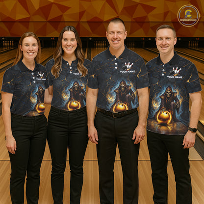 Flame Grim Reaper Custom Women Bowling Polo & Quarter-Zip Shirts Gold Bowling Ball League Jerseys NYN3011