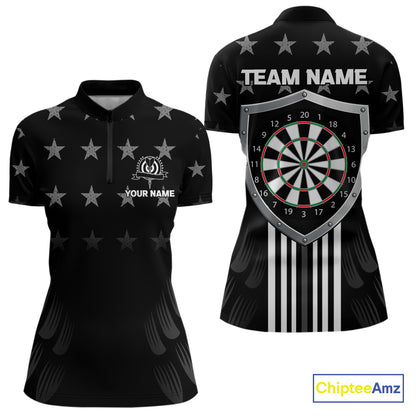 Black & Red US Flag Dartboard - Women's Patriotic Darts Shirt - Custom Name For Players NYN0488