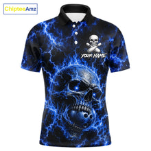 Load image into Gallery viewer, Men's blue skull thunder lightning bowling polo shirt custom bowling jersey mockup
