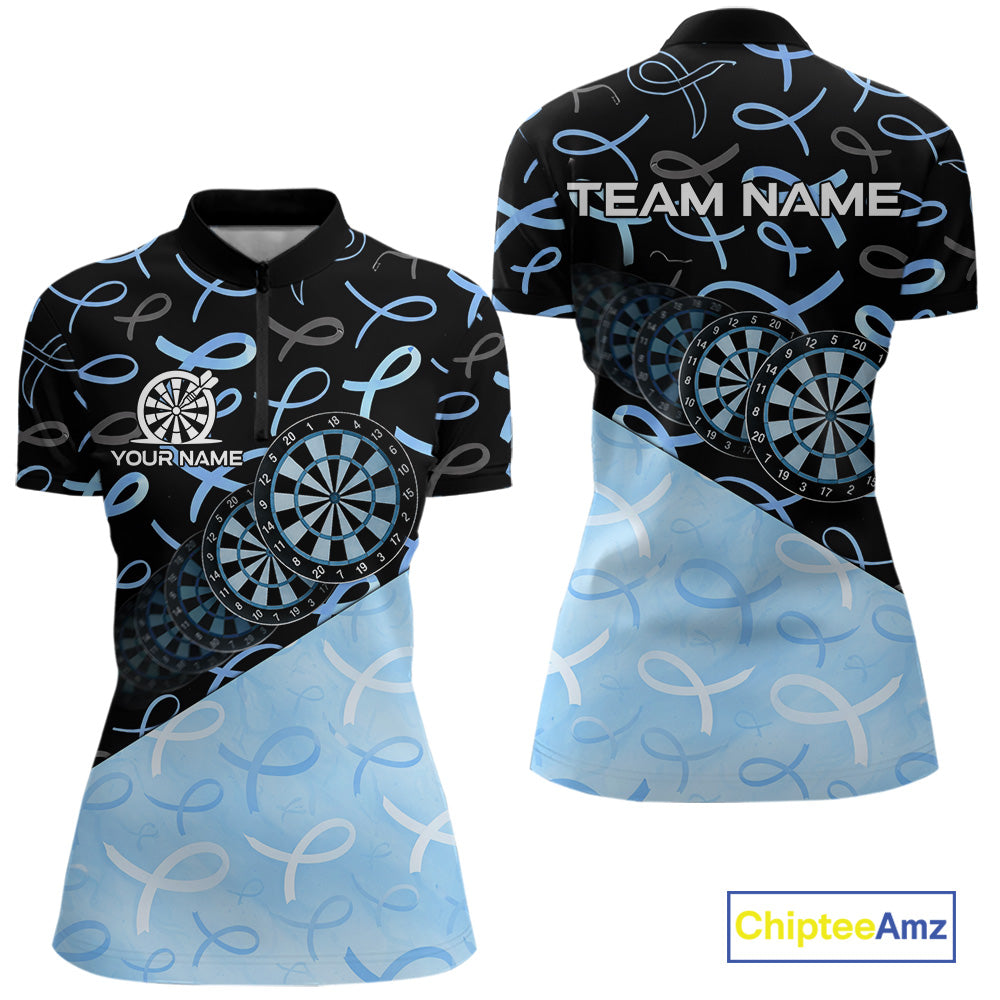 Blue Black Ribbon Women's Quarter-Zip Darts Shirt Mockup, Cancer Awareness Dart League Jersey, Personalized Tournament Apparel