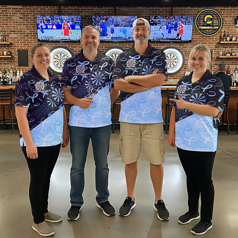 Dart team wearing Prostate Cancer Awareness Custom Jerseys, Charity Dart Tournament Team Uniforms