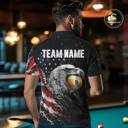 Male model wearing Custom US Flag Eagle billiard polo, personalized patriotic pool jersey, professional cue sports apparel, military appreciation tournament clothing, championship performance uniform, competitive team sportswear