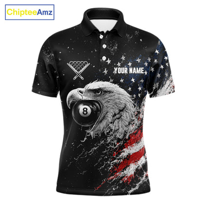 Custom US Flag Eagle men's 8 Ball & 9 Ball billiard polo featuring patriotic eagle artwork, personalized pool tournament jersey, APA league cue sports apparel, championship team uniform, breathable performance sportswear