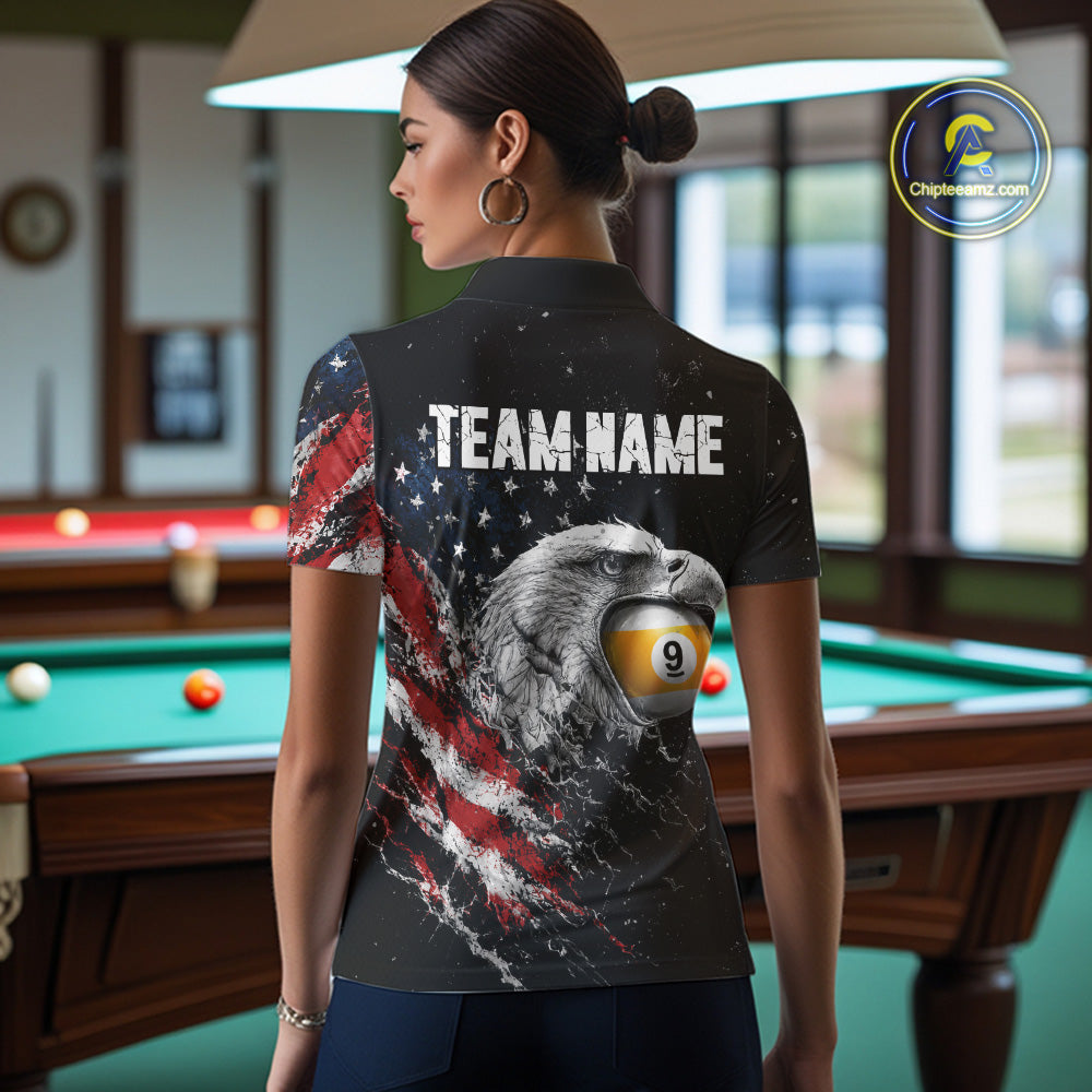 Female model wearing Custom US Flag Eagle pool polo, patriotic women's billiard tournament jersey, personalized APA league apparel, American eagle cue sports uniform, performance athletic clothing