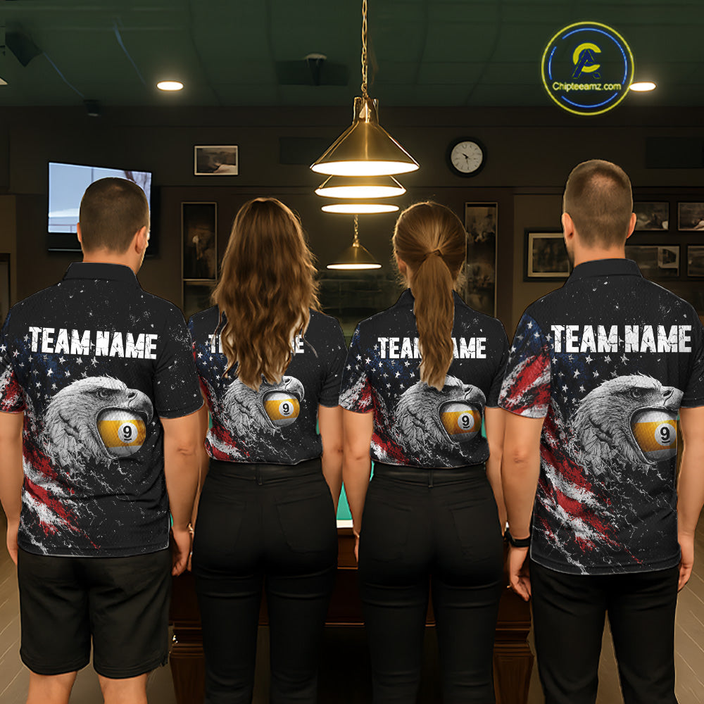 Matching Custom US Flag Eagle billiard jerseys for men and women, patriotic pool tournament uniforms, veterans event apparel, military appreciation team shirts, APA BCA league jerseys, championship cue sports clothing, symbols of freedom, strength, leadership and unity