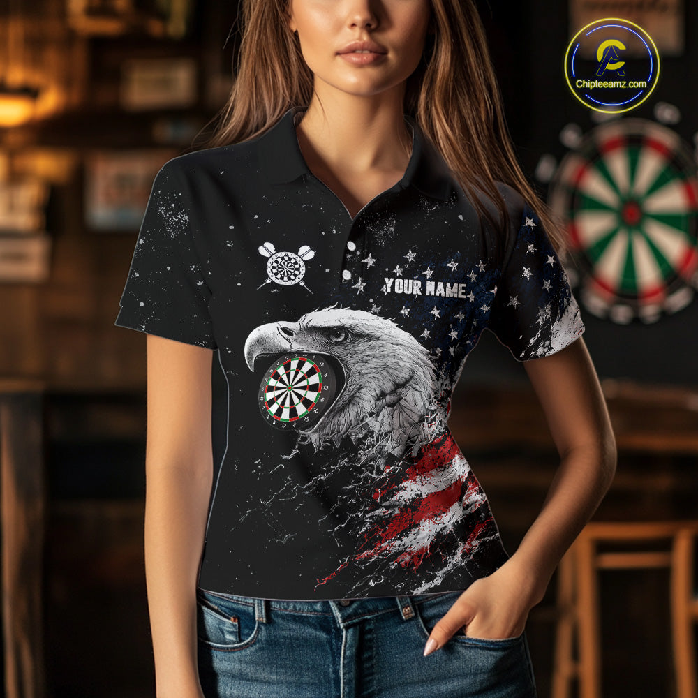 Female model wearing USA Flag Eagle Women's Custom Darts Polo, Personalized Tournament Apparel