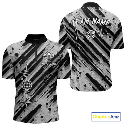 Custom Black Grey Grunge Streaks Skull Men Darts Quarter-Zip Team Shirt Skull Dart League Jerseys NYN2180
