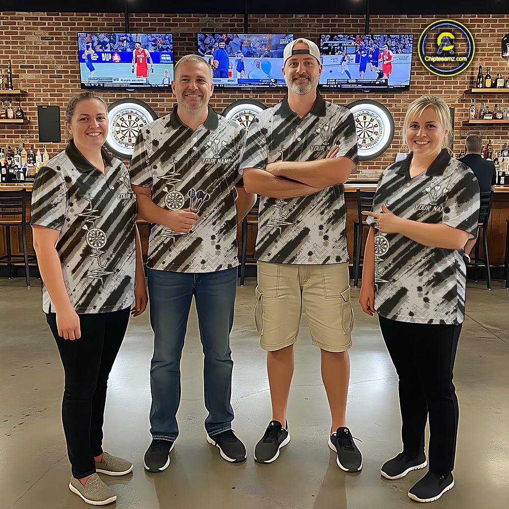 Custom Black Grey Grunge Streaks Skull Men Darts Polo Team Shirt Skull Dart League Jerseys NYN2180