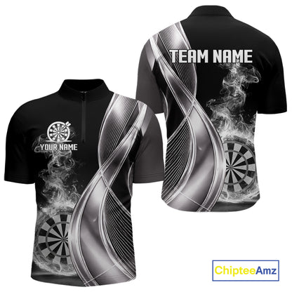 Black And Silver Darts 1/4-Zip Shirts For Men Custom White Smoke Dartboard Dart Team Jerseys NYN2446
