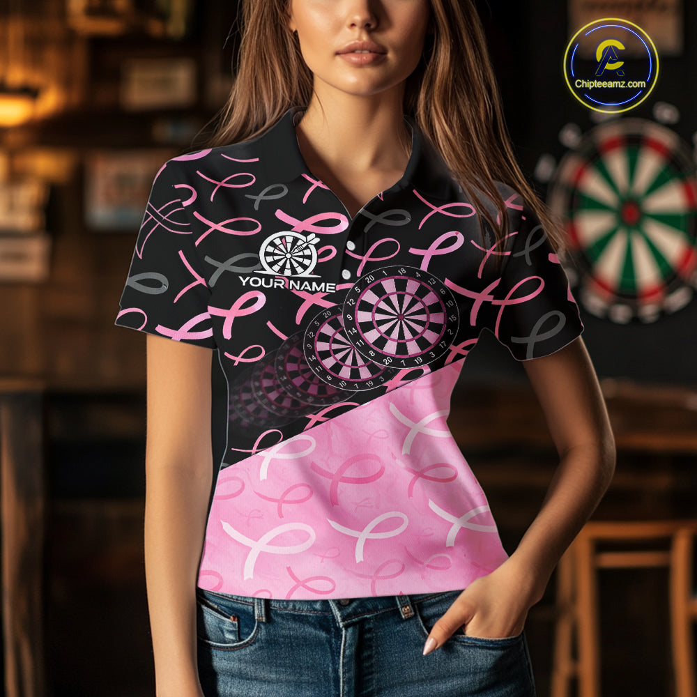 Pink Black Ribbon Blur Dartboard Custom Breast Cancer Awareness Dart Polo Team Shirt For Women NYN2450