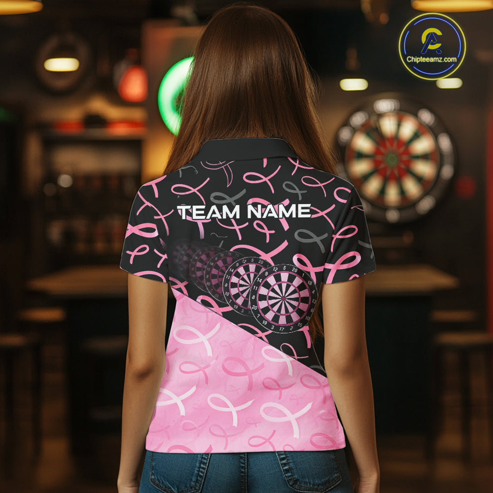 Pink Black Ribbon Blur Dartboard Custom Breast Cancer Awareness Dart Polo Team Shirt For Women NYN2450
