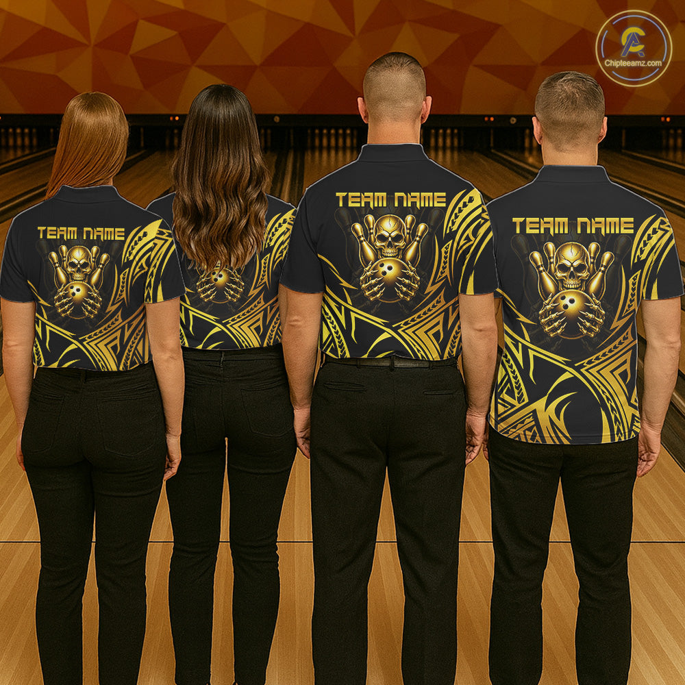 Womens Skull Bowling Shirts Gold Tribal Pattern Custom Skull Bowling Polo Quarter-Zip Team Jersey NYN3755