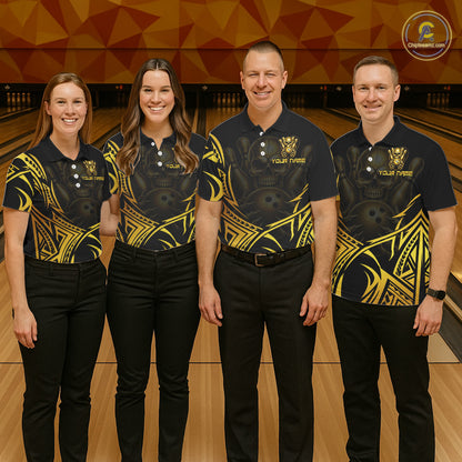 Womens Skull Bowling Shirts Gold Tribal Pattern Custom Skull Bowling Polo Quarter-Zip Team Jersey NYN3755