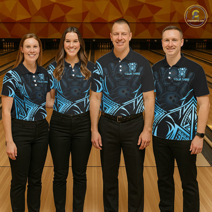 Mens Skull Bowling Shirts Blue Tribal Pattern Custom Skull Bowling Polo Quarter-Zip Team Jersey NYN3756