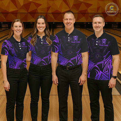 Womens Skull Bowling Shirts Purple Tribal Pattern Custom Skull Bowling Polo Quarter-Zip Team Jersey NYN3757