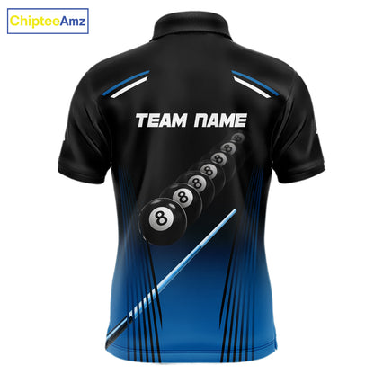 Black & Blue Billiard Ball Cue Pool Men Polo & 1/4-Zip Shirt Custom 8 Ball 3D Billiards Attire NYN2455