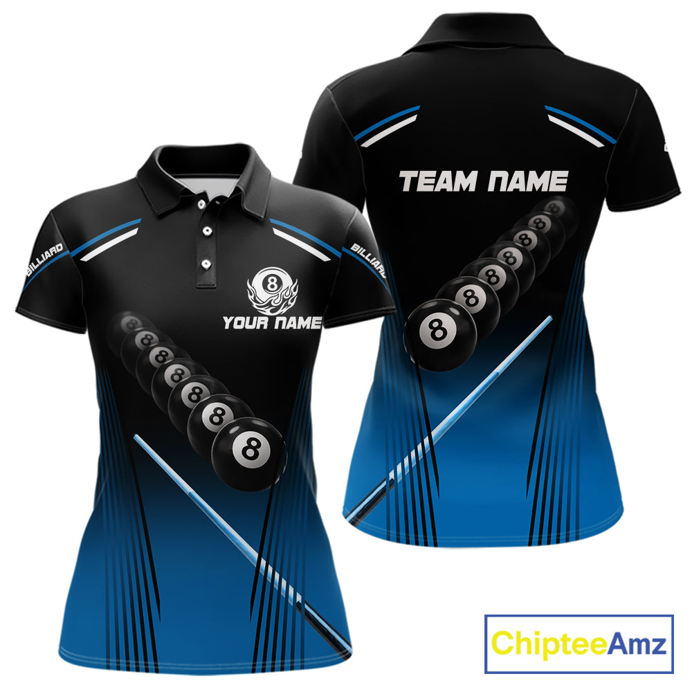Black & Blue Billiard Ball Cue Pool Women Polo & 1/4-Zip Shirt Custom 8 Ball 3D Billiards Attire NYN2455