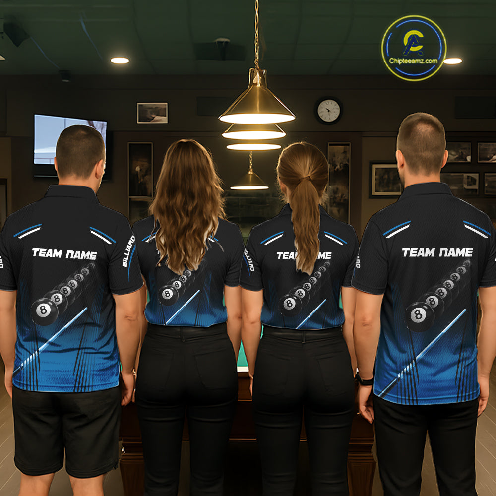 Black & Blue Billiard Ball Cue Pool Men Polo & 1/4-Zip Shirt Custom 8 Ball 3D Billiards Attire NYN2455
