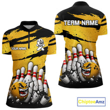 Load image into Gallery viewer, Women's yellow grunge cracked bowling ball and pins quarter zip shirt mockup custom bowling league jersey
