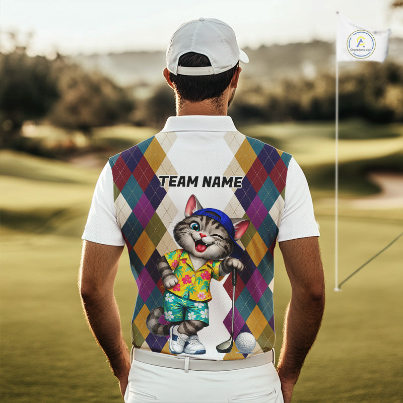 Mens Colorful Argyle Golf Shirts Custom Cat Golfer Clothing Golf Polo Jersey, Best Golf Gifts NYN3052