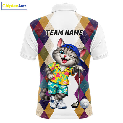 Mens Colorful Argyle Golf Shirts Custom Cat Golfer Clothing Golf Polo Jersey, Best Golf Gifts NYN3052