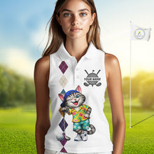 Load image into Gallery viewer, Womens Colorful Argyle Golf Shirts Custom Cat Golfer Golf Sleeveless Polo Jersey, Best Golf Gifts NYN3052
