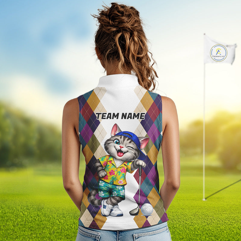 Womens Colorful Argyle Golf Shirts Custom Cat Golfer Golf Sleeveless Polo Jersey, Best Golf Gifts NYN3052