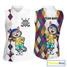 Load image into Gallery viewer, Womens Colorful Argyle Golf Shirts Custom Cat Golfer Golf Sleeveless Polo Jersey, Best Golf Gifts NYN3052