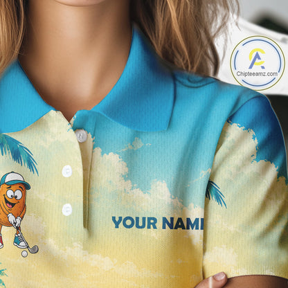 Woman wearing funny potato golf polo shirt during golf tournament