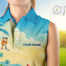 Load image into Gallery viewer, Woman wearing funny potato golf sleeveless polo shirt during golf tournament