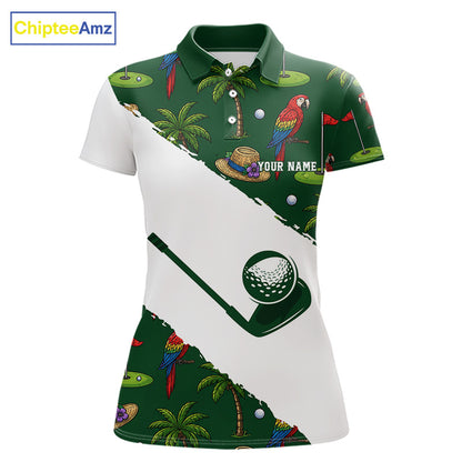 Women's parrot palm tree golf polo shirt mockup tropical golf apparel