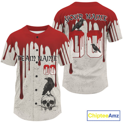 Custom Red Blood Skull Raven Baseball Shirt For Men Horror Halloween Baseball Jerseys NYN1386
