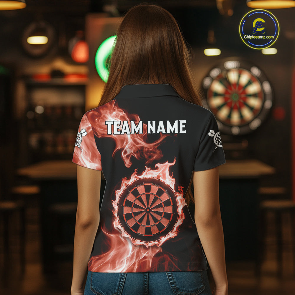 Custom Black And Orange Flames Dartboard Dart Women Polo Jerseys Outfits Dart Team Shirt NYN1662
