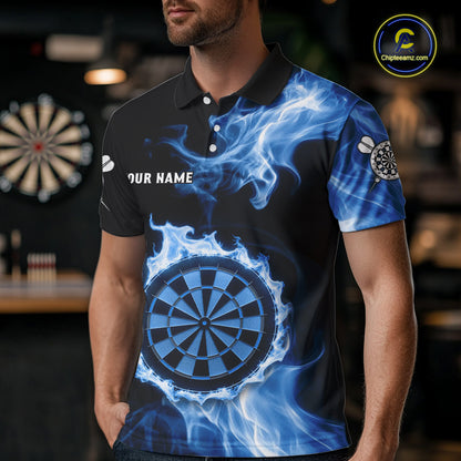Custom Black And Blue Flames Dartboard Dart Men Polo Jerseys Outfits Dart Team Shirt NYN1663