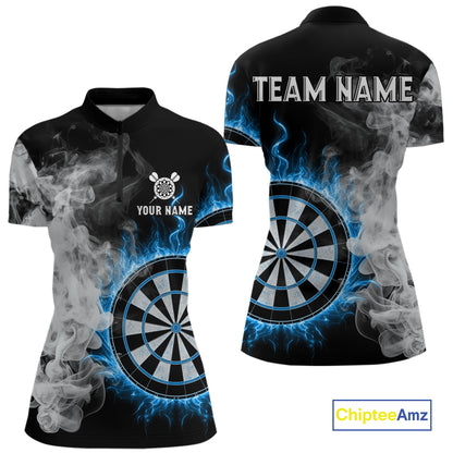 Custom White Smokes Blue Flames Dartboard Dart Women Quarter-Zip Jerseys Dart Team Shirt NYN1668