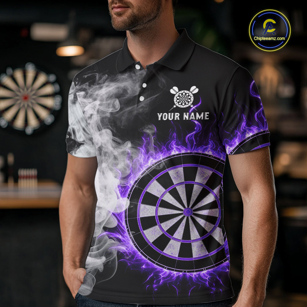 Custom White Smokes Purple Flames Dartboard Dart Men Polo Jerseys Dart Team Shirt NYN1669