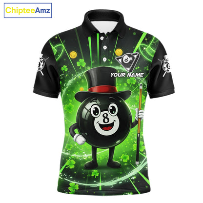 Funny Patrick Day 8 Ball Pool Men's Billiard Polo & 1/4 Zip Shirt Custom Shamrock Billiard Attire NYN2479