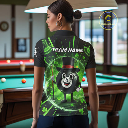 Funny Patrick Day 8 Ball Pool Women's Billiard Polo & 1/4 Zip Shirt Custom Shamrock Billiard Attire NYN2479