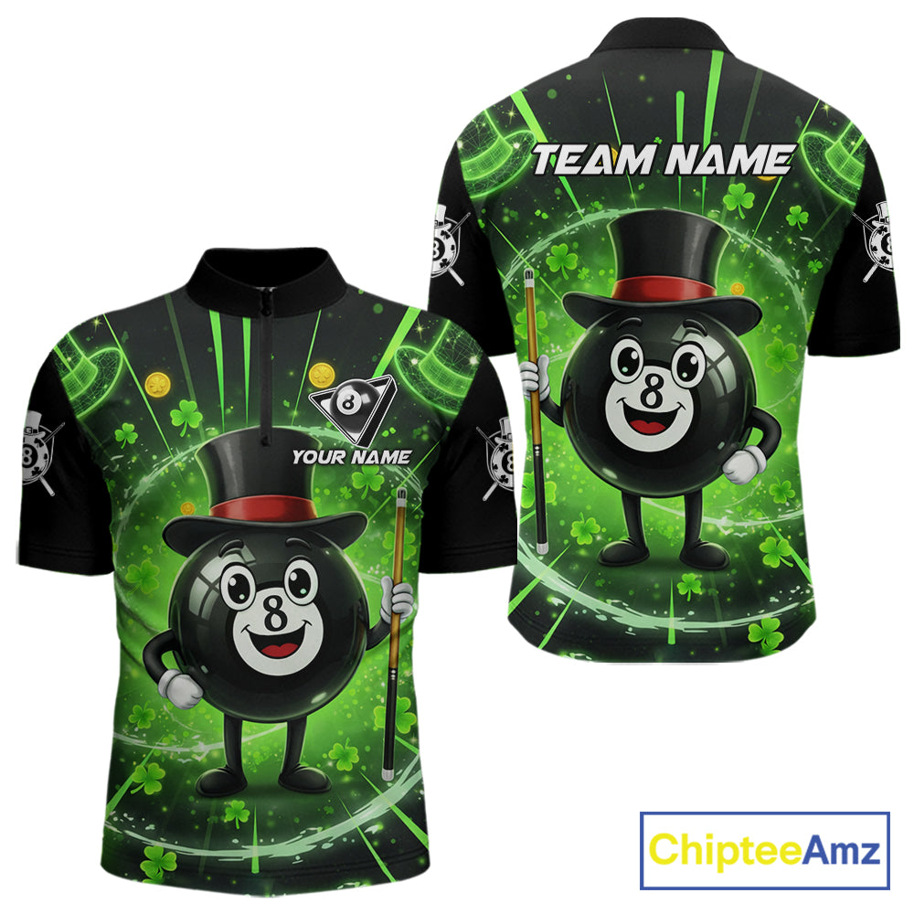 Funny Patrick Day 8 Ball Pool Men's Billiard Polo & 1/4 Zip Shirt Custom Shamrock Billiard Attire NYN2479
