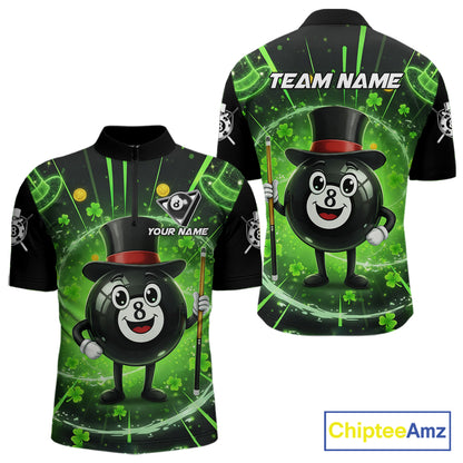 Funny Patrick Day 8 Ball Pool Men's Billiard Polo & 1/4 Zip Shirt Custom Shamrock Billiard Attire NYN2479