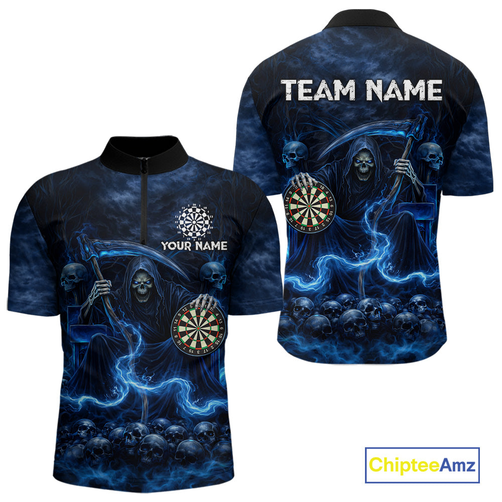 Blue Smoking Grim Reaper Dartboard Dart 1/4-Zip Shirts For Men Custom Multiskull Dart Team Shirts NYN2683