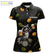 Load image into Gallery viewer, Women's beer and raccoon dart polo shirt mockup funny dart team jersey