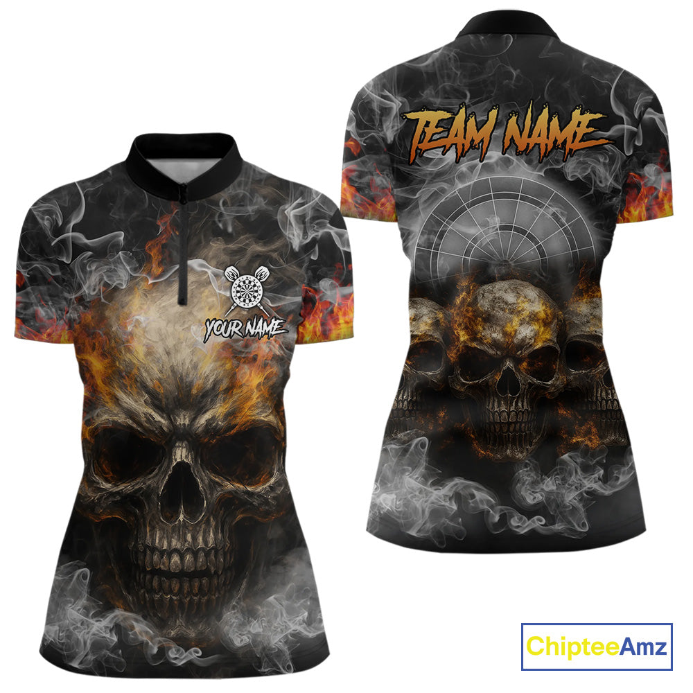 Smoke Skull Darts Grunge Women's Darts Quarter-Zip Shirt - Custom Name For Players NYN0749