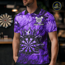 Load image into Gallery viewer, Male dart player wearing Purple Crown Dartboard dart team jersey during tournament play and league competition