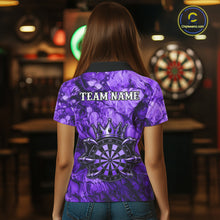 Load image into Gallery viewer, Female dart player wearing Purple Crown Dartboard dart team jersey during tournament play