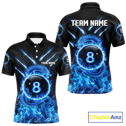 Blue Flaming Dragon Pool 8 Ball Men Billiard Team Shirt Custom Billiard Polo & 1/4-Zip Attire NYN2497
