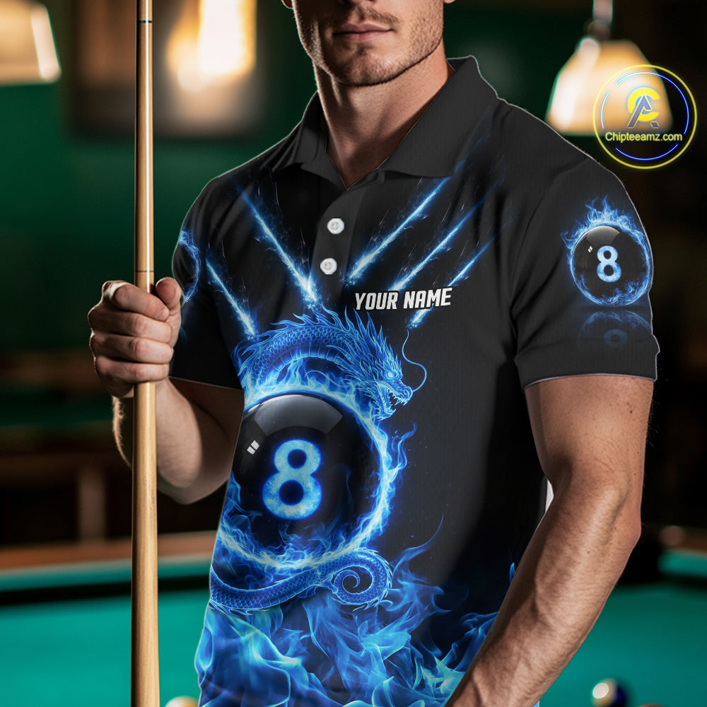 Blue Flaming Dragon Pool 8 Ball Men Billiard Team Shirt Custom Billiard Polo & 1/4-Zip Attire NYN2497