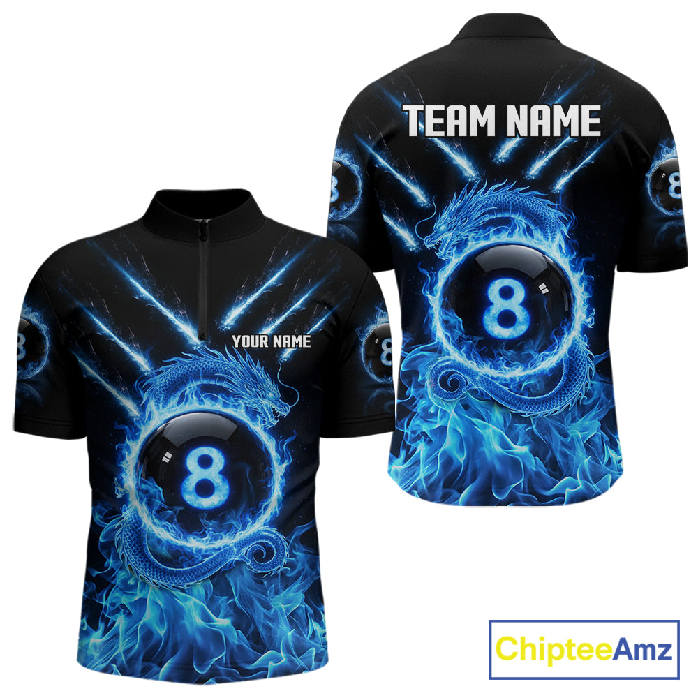 Blue Flaming Dragon Pool 8 Ball Men Billiard Team Shirt Custom Billiard Polo & 1/4-Zip Attire NYN2497